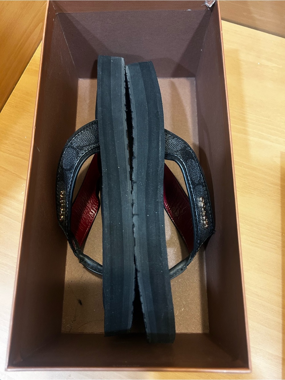 Coach Black Thong Sandals with Red Lining and Gold Logo - Picture 5 of 5
